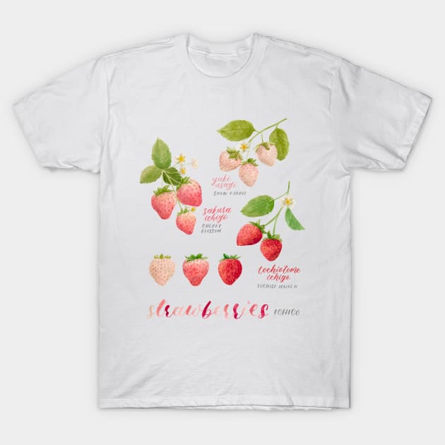 Japanese Strawberries Watercolour Painting and Chart with Calligraphy (Ichigo) T-Shirt by Flowering Words